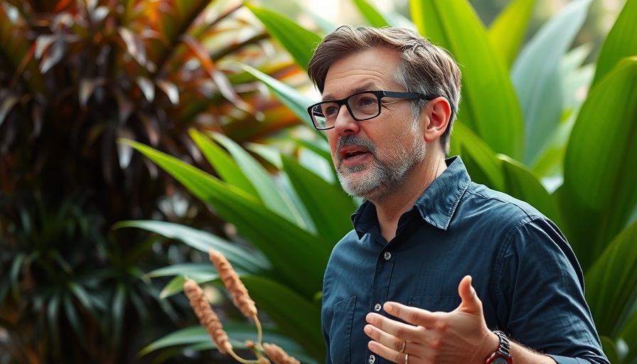 Middle-aged man speaking with enthusiasm in green setting.