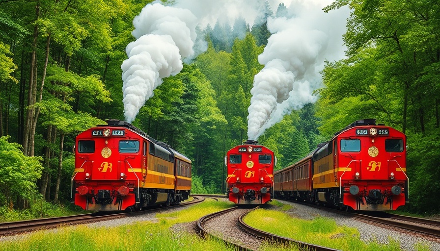 Red trains near wildfire smoke, forest scene.