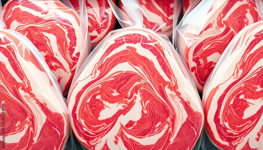 Packaged marbled meats, foods that disrupt our microbiome, in bright light.