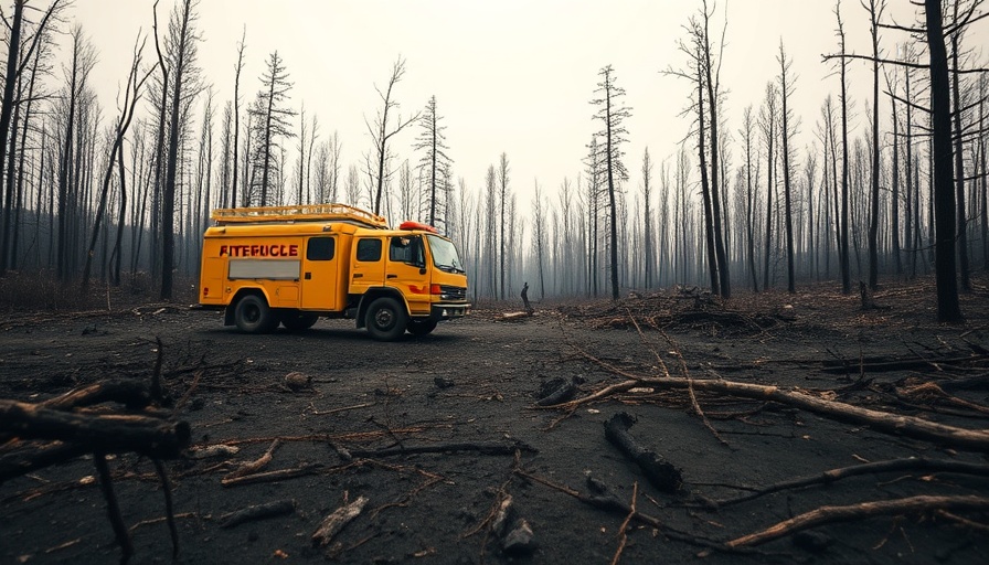 Yellow firefighting vehicle in charred forest after Munger Shaw Fire.