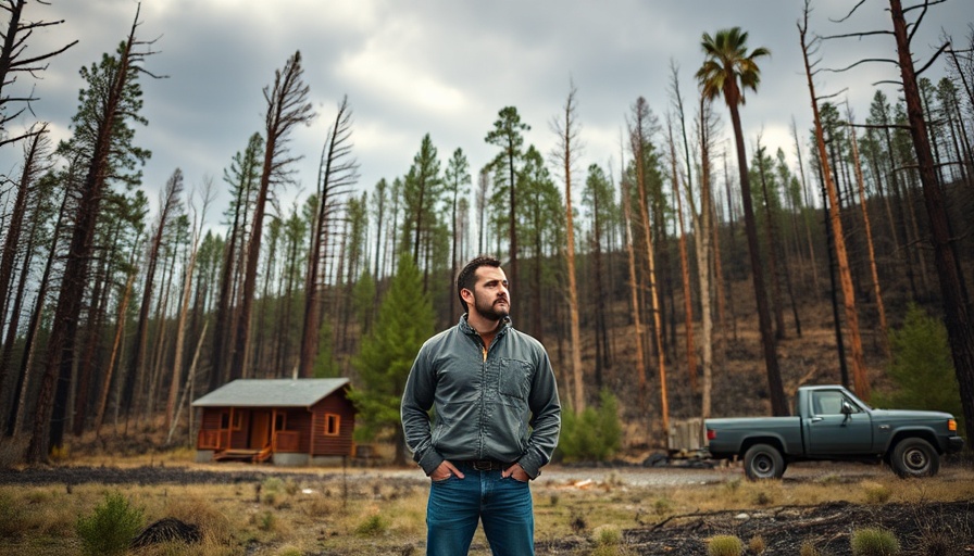 Man reflects on Wildfires Cabin Resilience amidst charred trees.