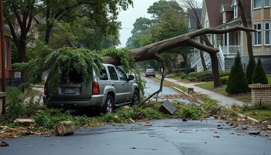 Severe weather impact on community; fallen tree on car, urban damage.