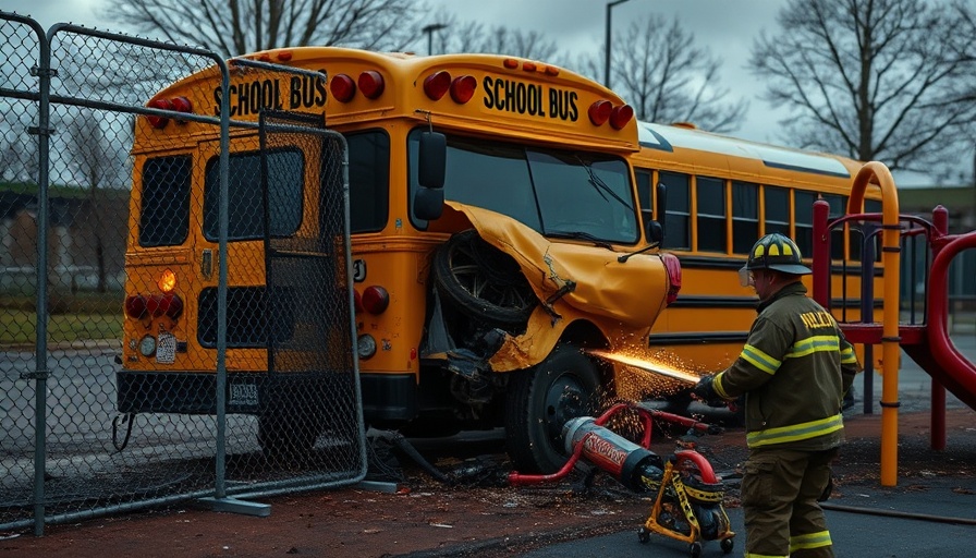 School bus crash at playground with firefighter.