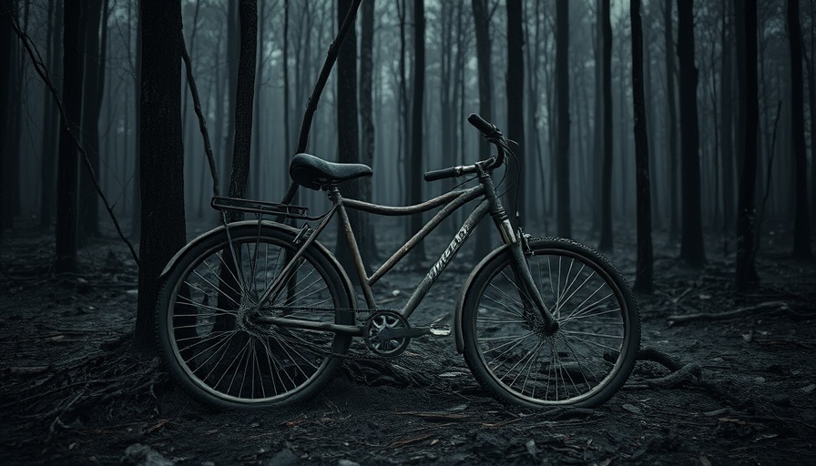 Charred forest and burned bicycle signify St. Louis County wildfires disaster aid need.