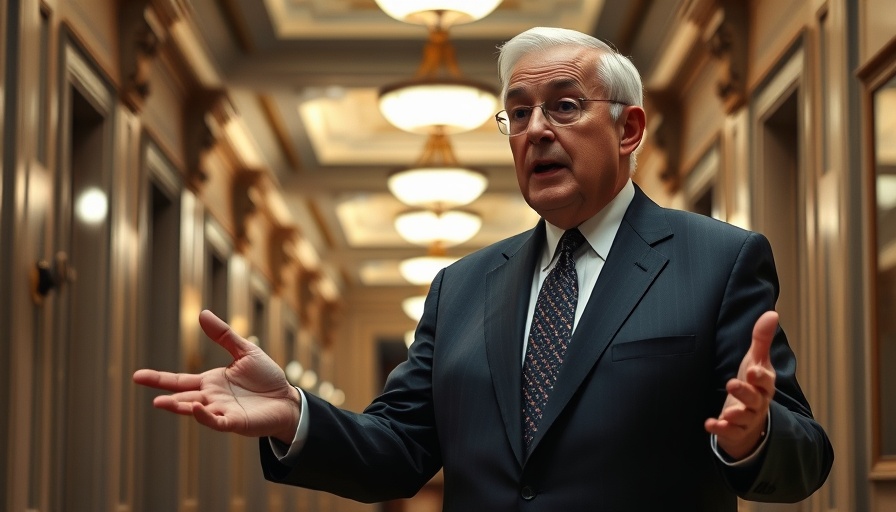 Businessman discussing Budget Bill and Wildfire Risks in hallway.