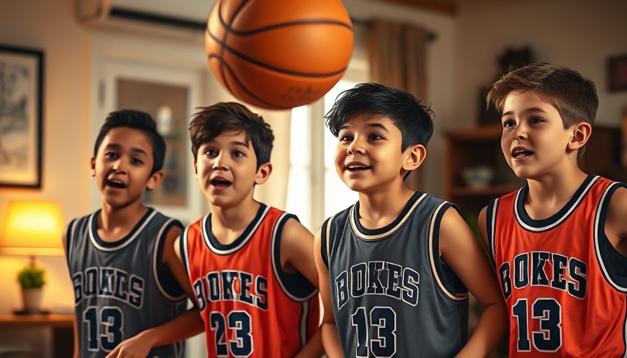 Excited young boys practicing basketball indoors, Minnesota Timberwolves playoff joy.