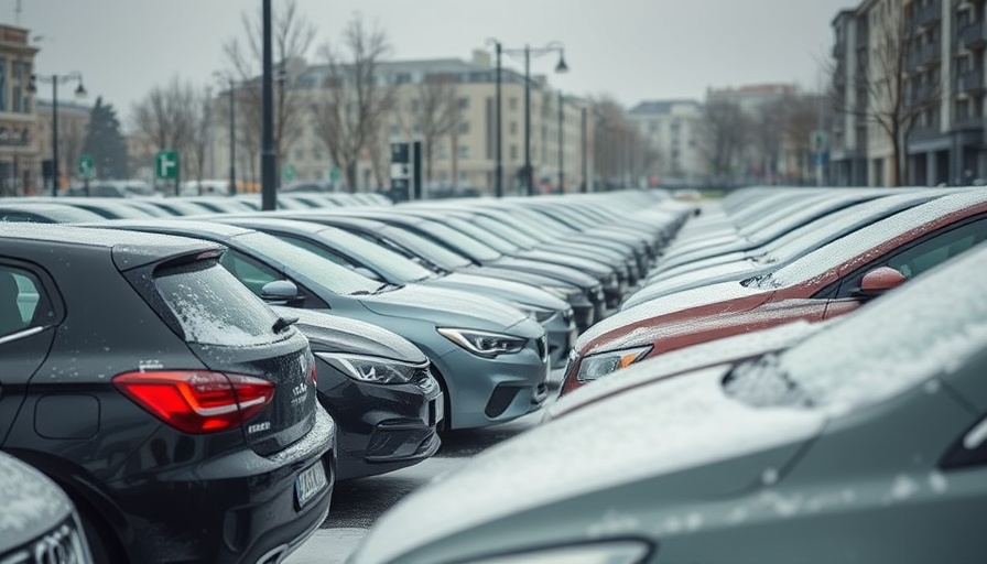 Modern cars parked tightly in snowy lot, overcast sky.