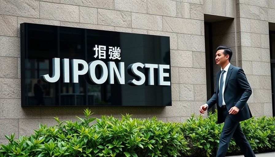 Nippon Steel sign on stone building, person walking by