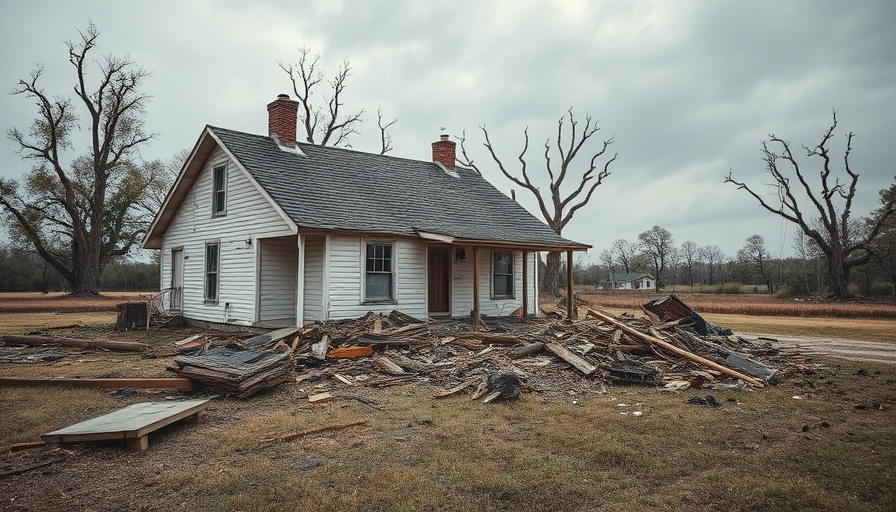 Tornado aftermath leaving debris surrounding a destroyed house in Kentucky.
