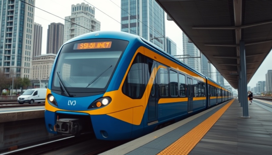 Modern metro train in Minnesota arriving at city station.