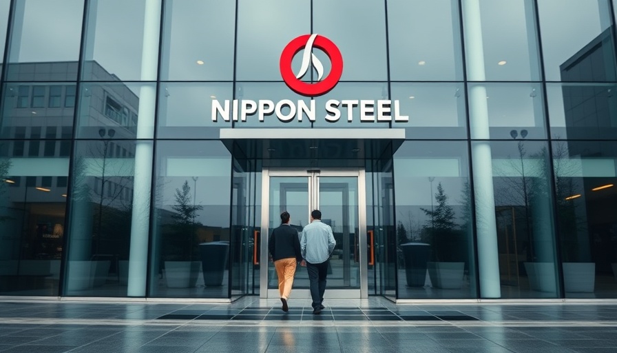 Modern building entrance with Nippon Steel logo, daytime.