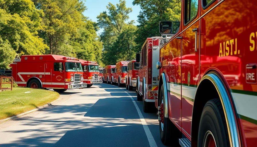 Fire trucks lined up in rural area for Brimson Complex Fires containment progress