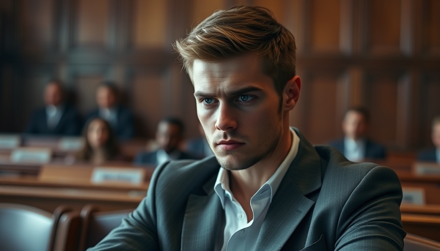Young male in courtroom with serious expression, intense atmosphere.