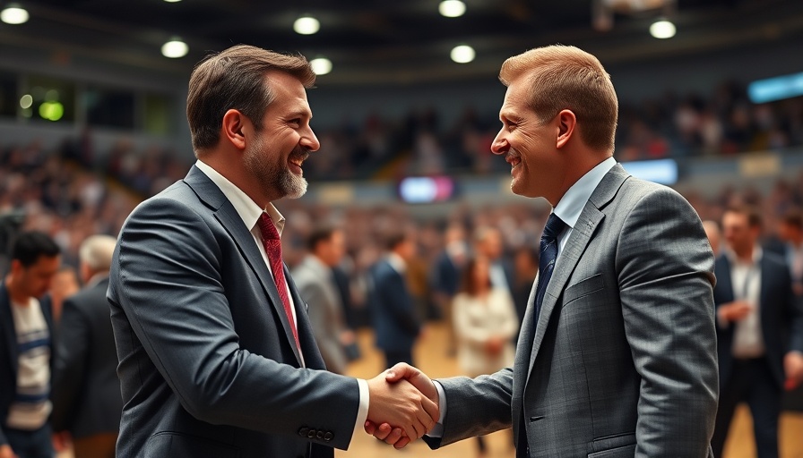 Timberwolves celebrity superfans exchanging friendly handshake in arena.