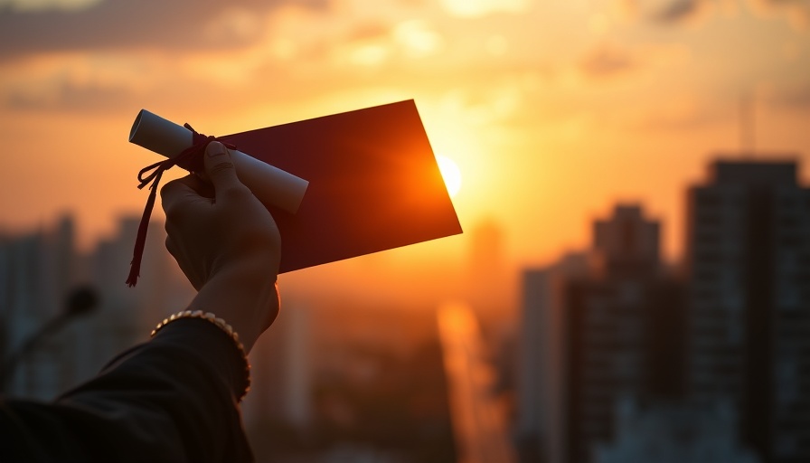 Recent graduate holding diploma at sunset, urban backdrop.
