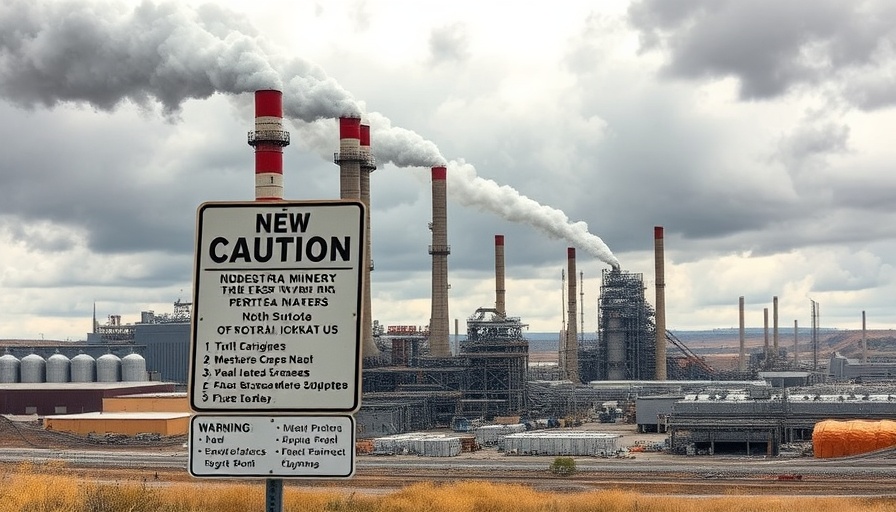North Dakota mining facility with caution sign and smokestack in view.