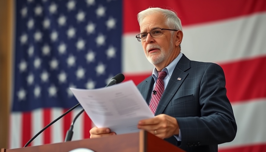 Confident man discusses trade barriers at podium in front of a flag.