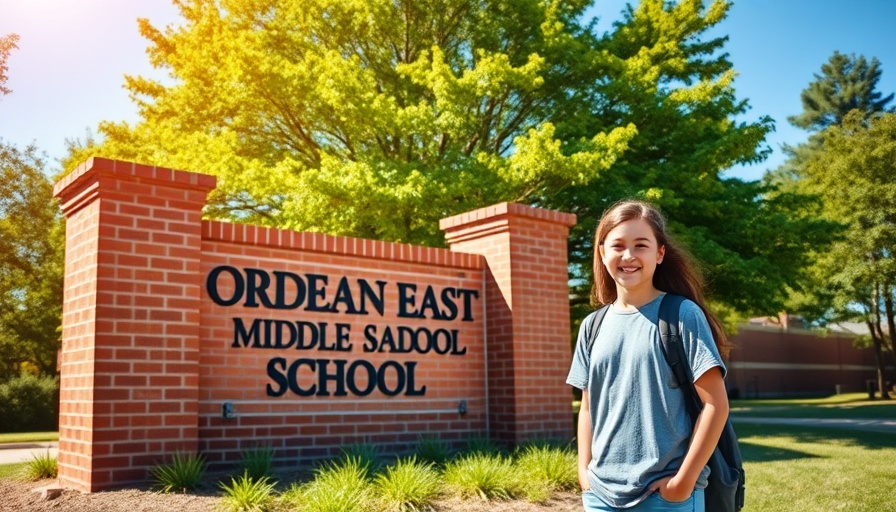 Gemma Kim at Ordean East Middle School sign in bright daylight.