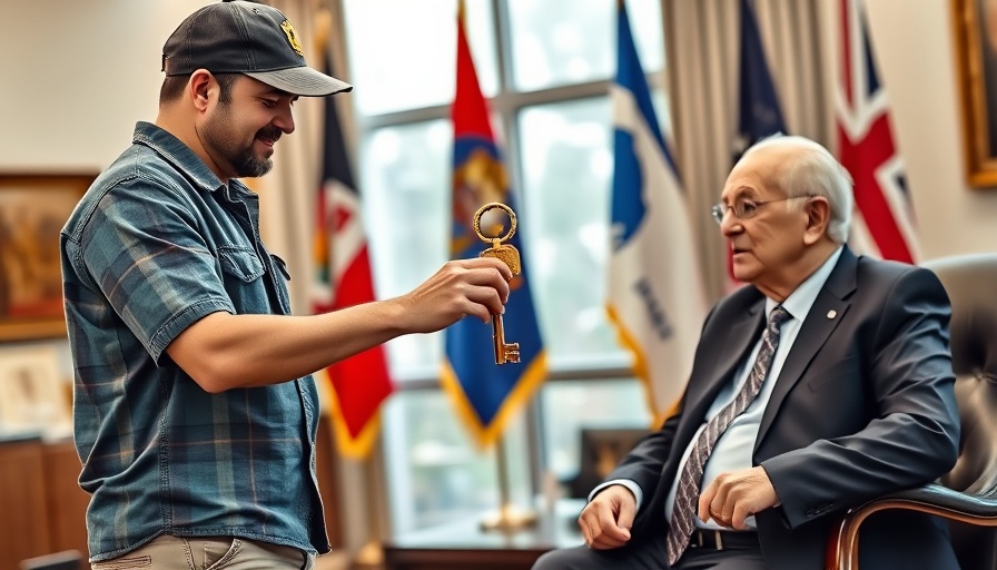Casually dressed man receiving decorative key in official office.