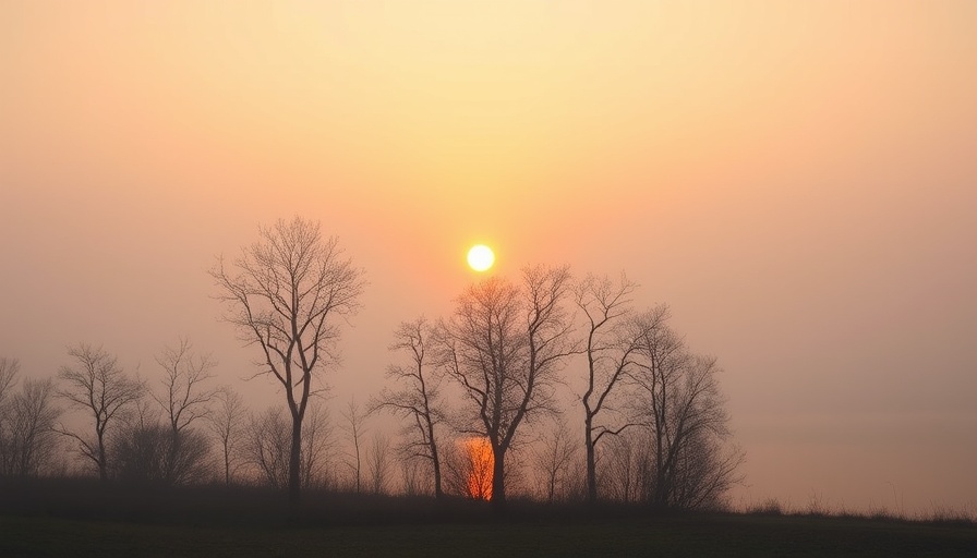 Hazy sunset over Minnesota lake with air quality alert due to wildfires.