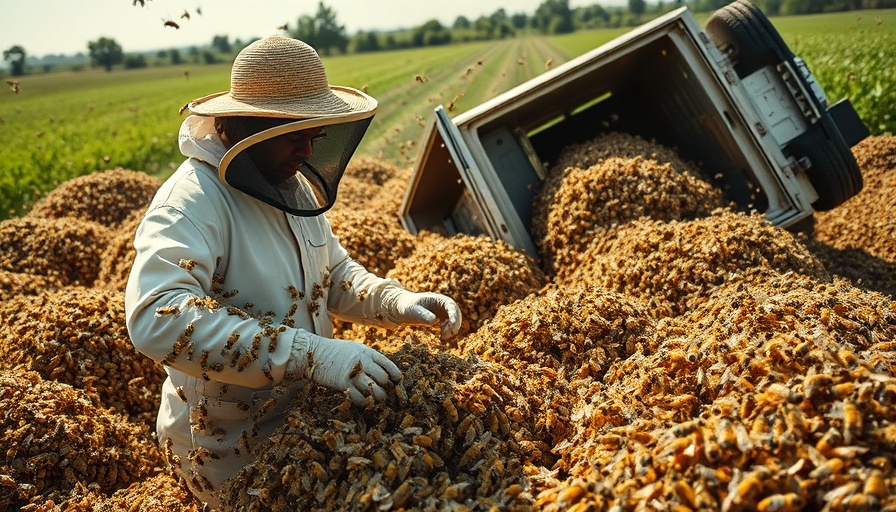 Beekeeper in protective gear amidst swarming bees from truck rollover.
