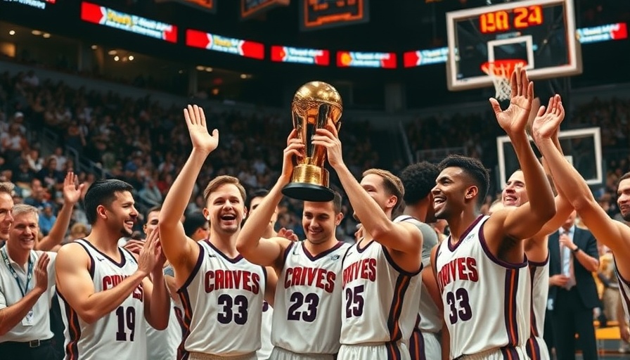 Basketball team celebrates victory with trophy, NBA Finals Thunder vs Pacers.