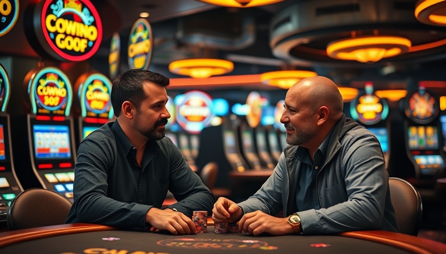 Casino setting with two men at a poker table discussing.