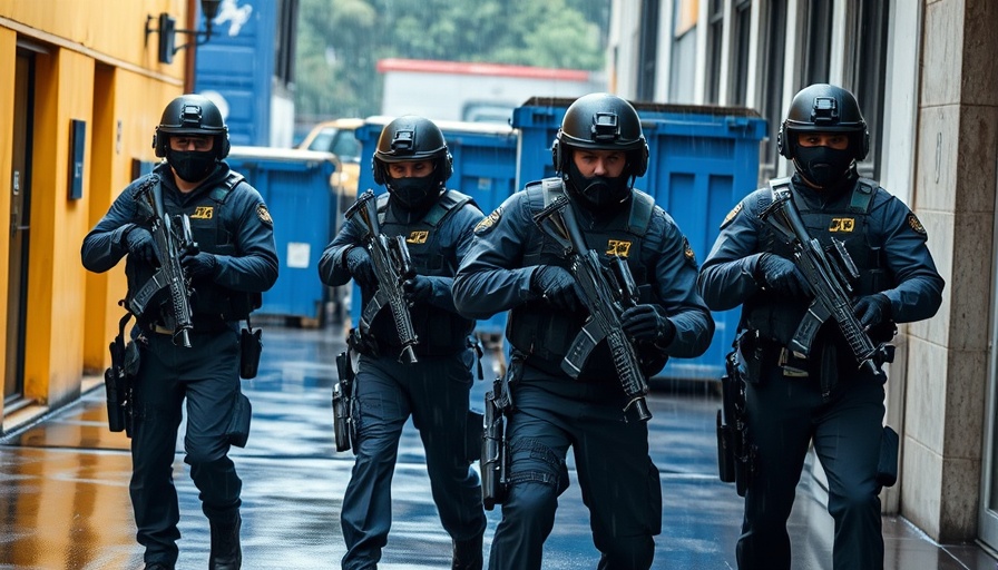 Federal operation in rainy alley with armed officers near a yellow building.