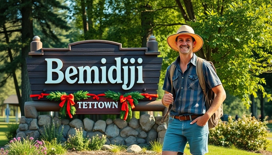 Travel author explores Minnesota towns, standing by the Bemidji sign.