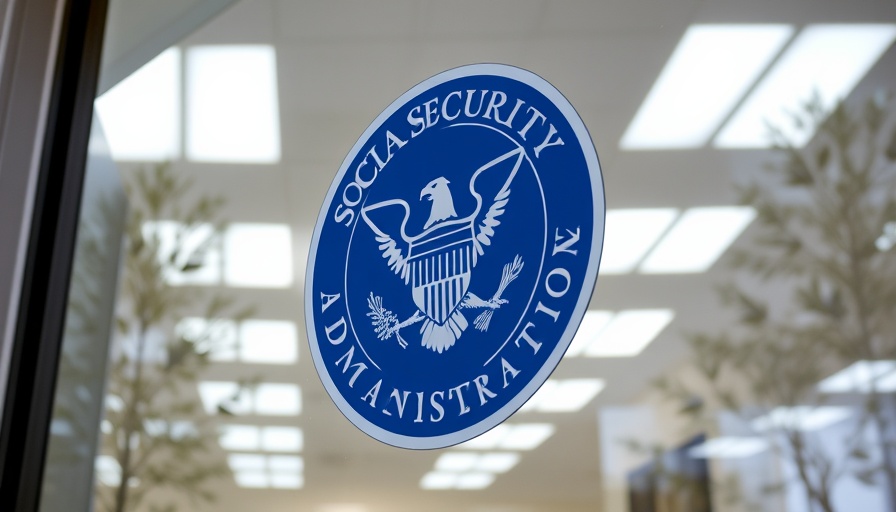 Social Security Administration logo on glass door reflecting lights.