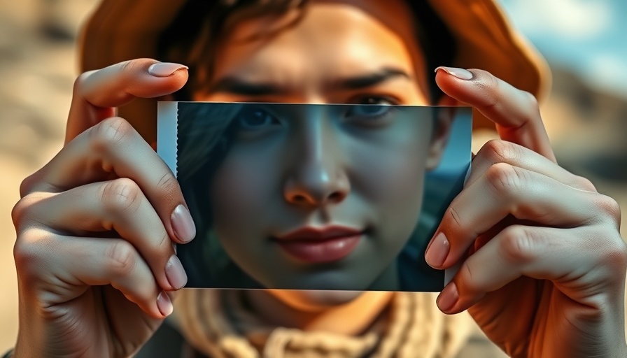Hands holding a photo of a man in a casual hat outdoors.