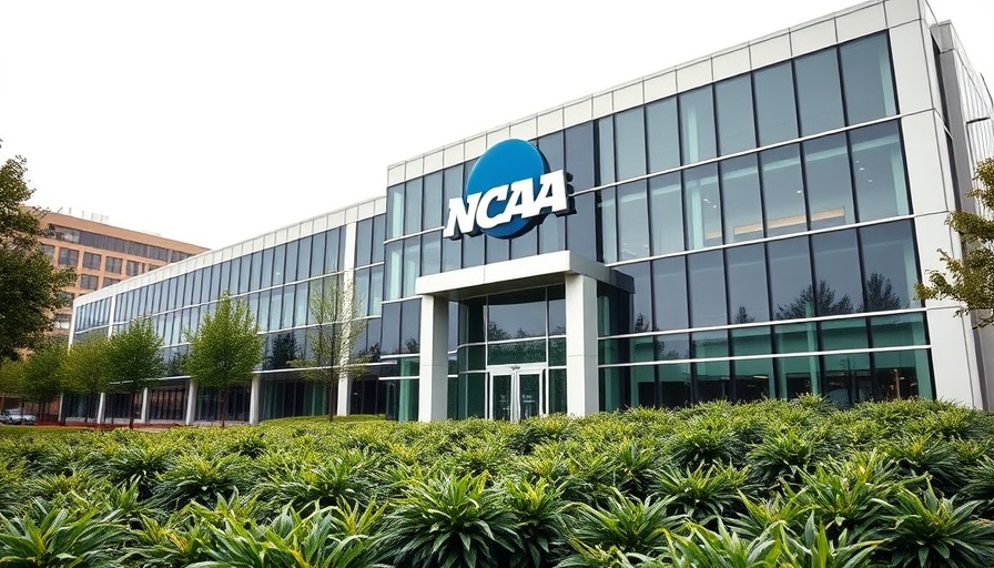 Exterior of NCAA National Office building with logo, relevant to College Athletes Payment Settlement.