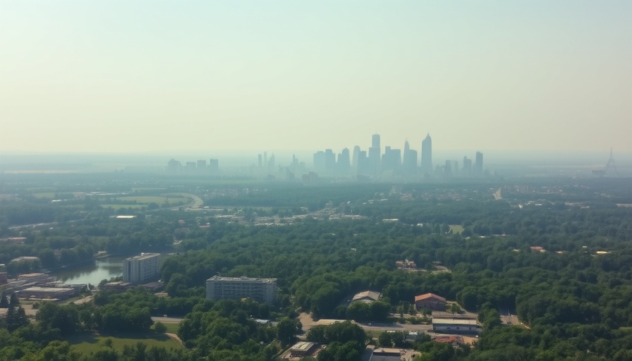 Minnesota skyline affected by wildfire smoke, urban forest below.