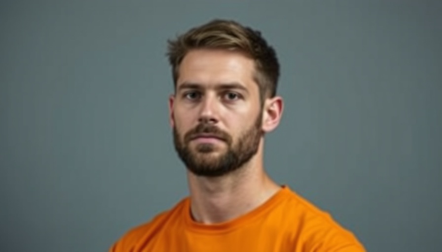 Blurred image of a man wearing an orange shirt, neutral expression.