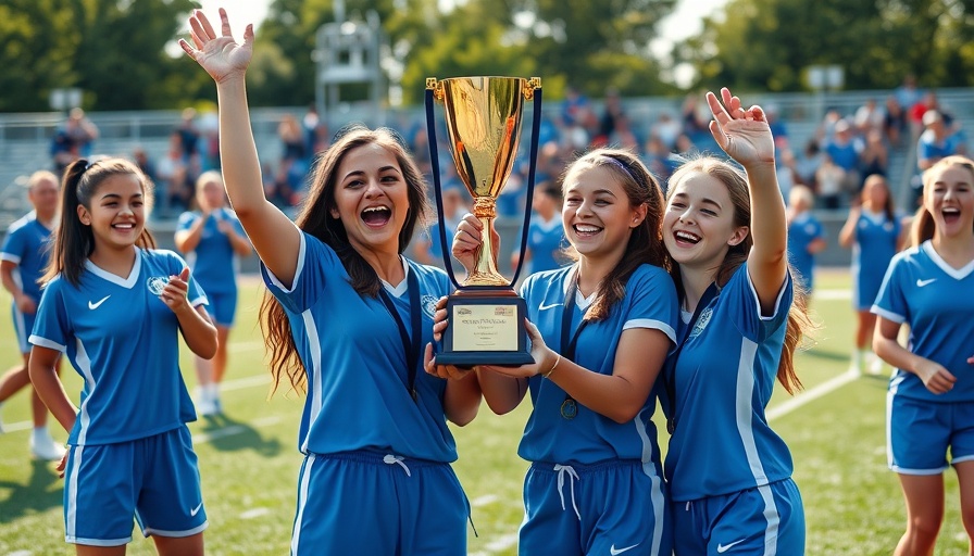 Mahtomedi girls flag football championship team celebrating victory with a trophy.