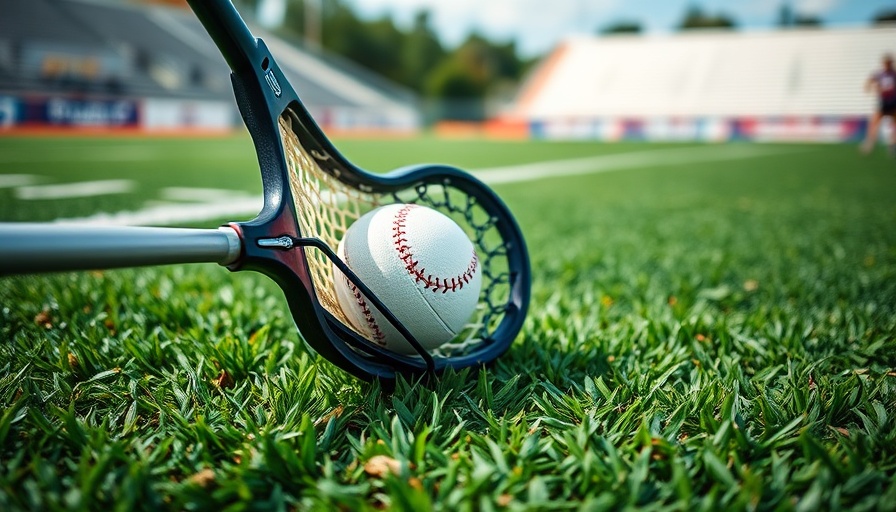 East Ridge lacrosse stick and ball on green field.
