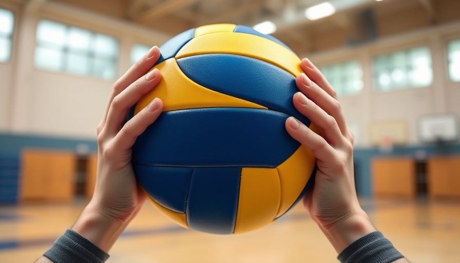 Close-up of a blue and yellow volleyball in hands at Eden Prairie Boys Volleyball Championship.