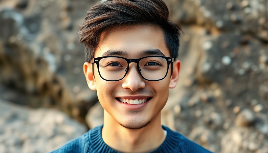 Young man smiling outdoors in a blue sweater against rocky background.