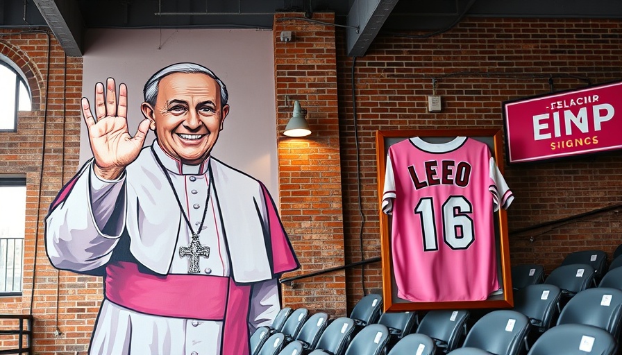 Mural of Pope Leo XIV with baseball jersey in stadium