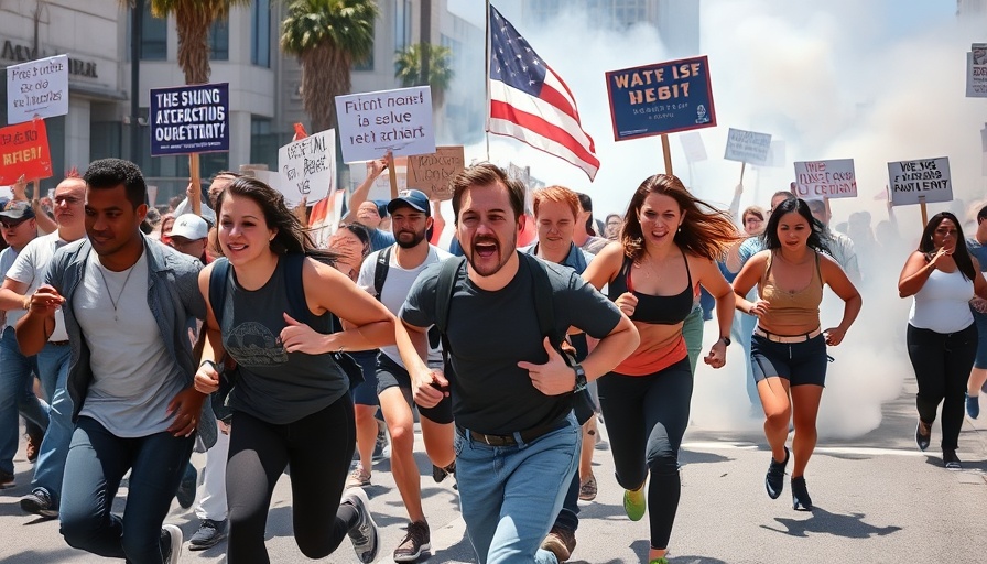 Protesters in Los Angeles during No Kings protests running amid smoke.
