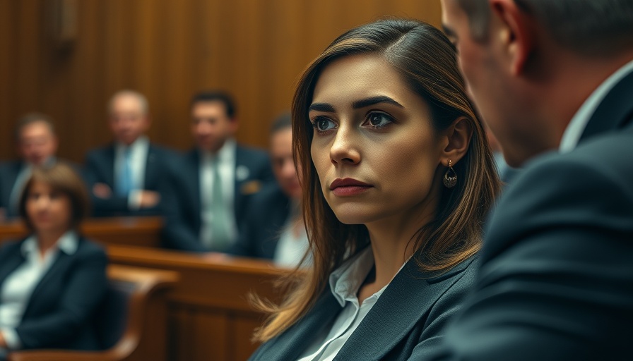 Serious professional woman in courtroom setting during trial.