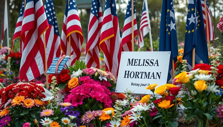 Memorial scene for Melissa Hortman with flags and flowers.