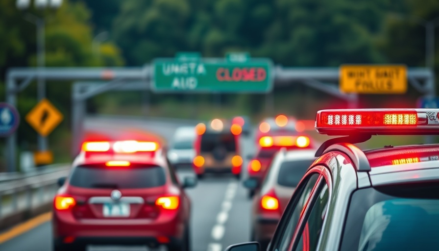 Emergency vehicles with flashing lights on Highway 61, closure alert.