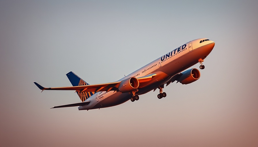 United Airlines plane mid-ascent, dawn light, sky gradient.