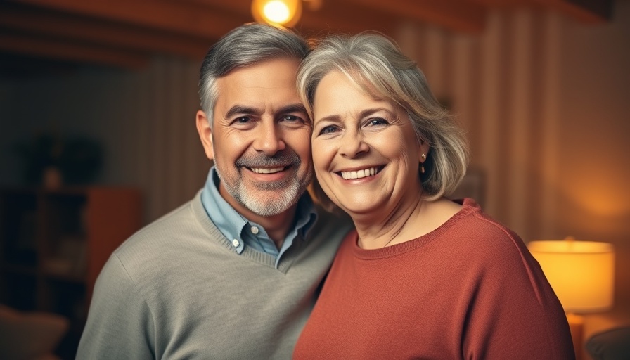 Middle-aged couple smiling in a cozy, warmly lit indoor setting.