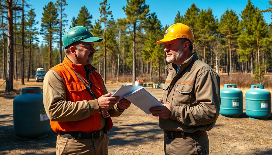 Two men discussing documents outdoors in a clearing.