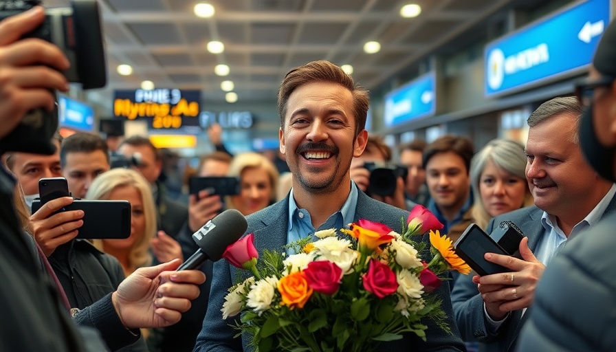 Man in airport surrounded by media, holding flowers, lively scene.