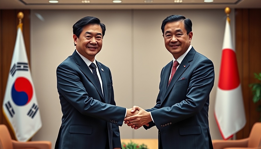 Diplomatic handshake between two gentlemen, Japan South Korea relations 60 years anniversary.