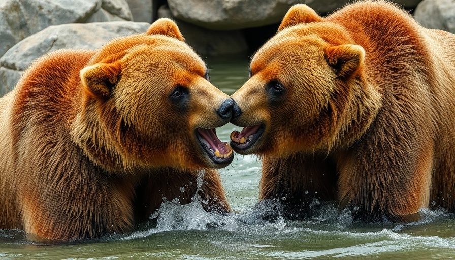 Bears playfully interacting in water, bear dentistry advancements.