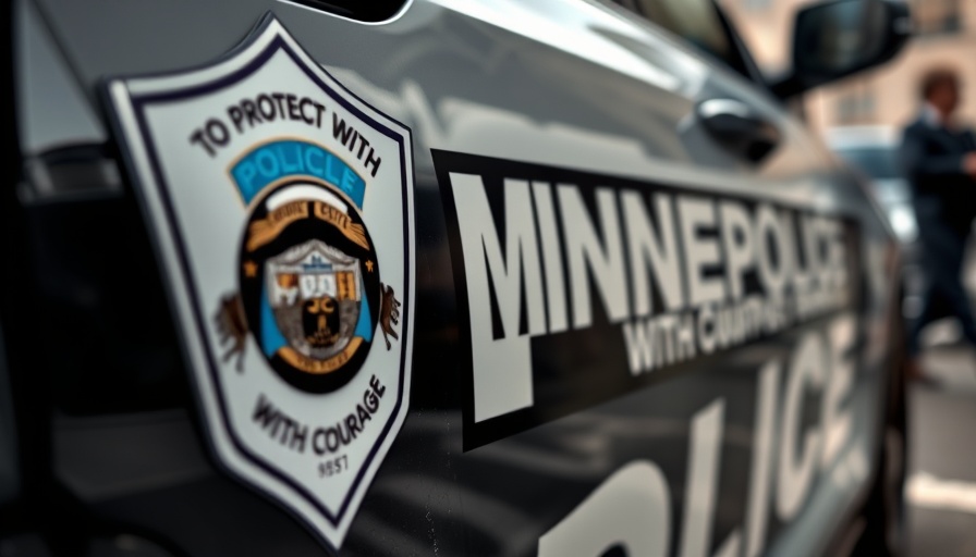 Minneapolis police car door with badge and text in daylight.